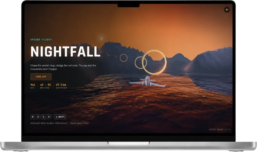 Nightfall arcade flight game running in a desktop browser